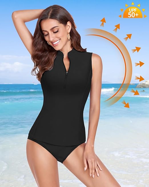WOWENY Women's Sleeveless Rash Guard Tankini with 1/4 Zip, BL, L
