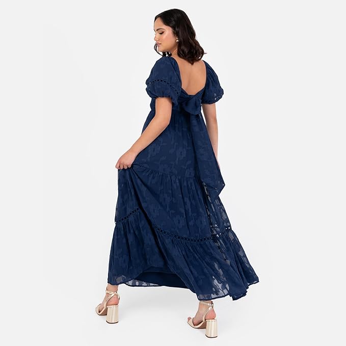 Lovedrobe Women's Maxi Dress Ladies Square Neckline Puff Sleeve Tiered Hem Floral Chiffon Shirred A-line Tie Back Milkmaid, Navy Blue 10