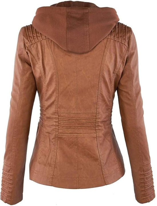 Newbestyle Faux Leather Jacket for Women Hooded Moto Biker Jacket Full-zip Long Sleeve Outwear Tops Brown XL