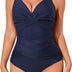 Smismivo Tummy Control Swimsuits for Women Slimming One Piece Bathing Suit Modest Padded Ruched Push Up Long Torso Curvy Shapewear V Neck Criss Cross Swimming Suits Full Coverage Swimwear (Navy Blue) XL