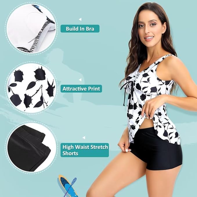 Sillictor Tankini for Women with Shorts Womens Swim Shorts and Top 2 Piece Ladies Swimsuits Boyleg Bikini Swimwear Swimming Costume Set for Bathing,Surfing,Breathable Quick Dry 2210, White Black Rose, L