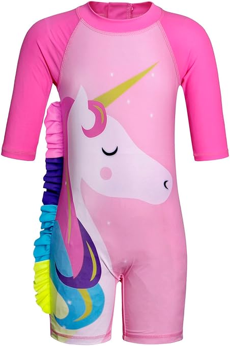 KumSoomliy Girls Swimming Costume One Piece Swimsuit Unicorn Swimwear Zipper Bathing Suit Surfing Swimming UV Protection Children Kids Rush Guard Summer Holiday Beachwear Swimsuits 3-4 Y, Size 3,Pink