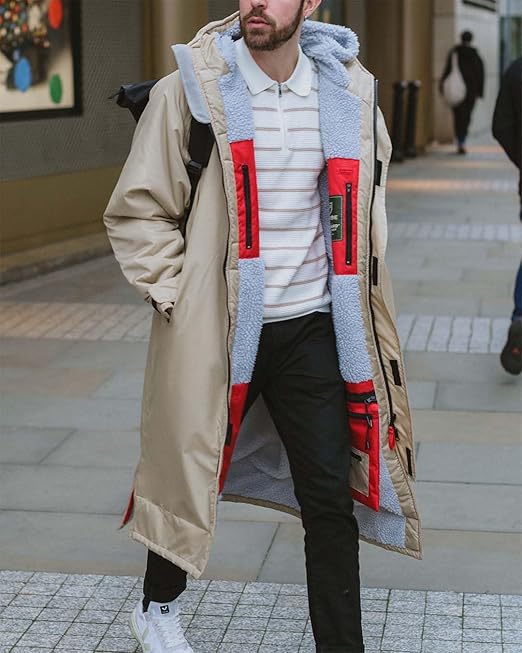 D-Robe Beaufort Outdoor Robe with Fleece Lining & Adjustable Hood, Waterproof & Windproof Oversized Coat, Beach Changing Robe (UK, Alpha, M, Regular, Regular, Warm Sand)