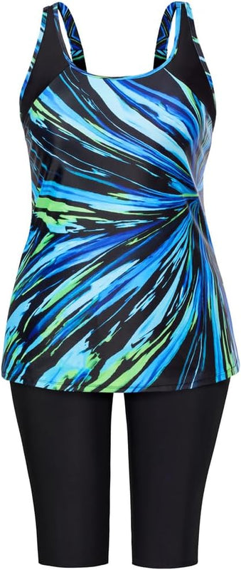 Hanna Nikole Ladies Tankini Swimwear Sets 2 Piece Ruched Tummy Control Cut-Out Front Sexy Swimwear Blue Stripes 20W