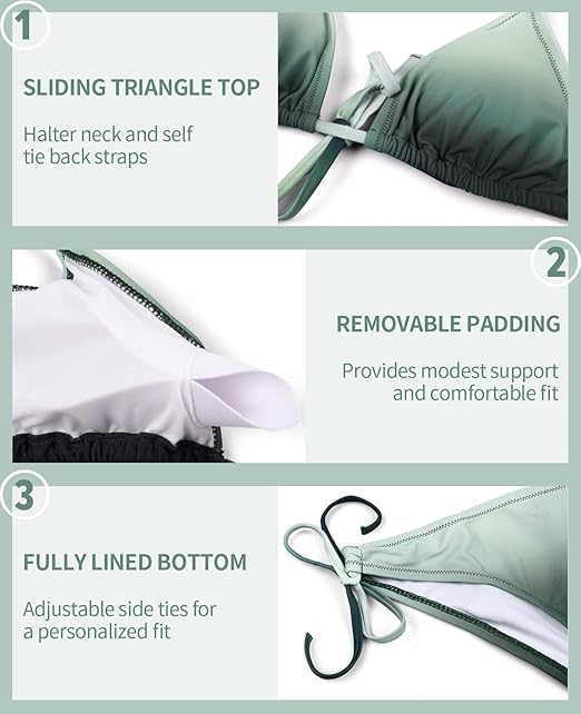 CharmLeaks Ladies Triangle Halter Bikini Sets Gradient Color Beachwear 2 Piece Padded Swimsuit XL