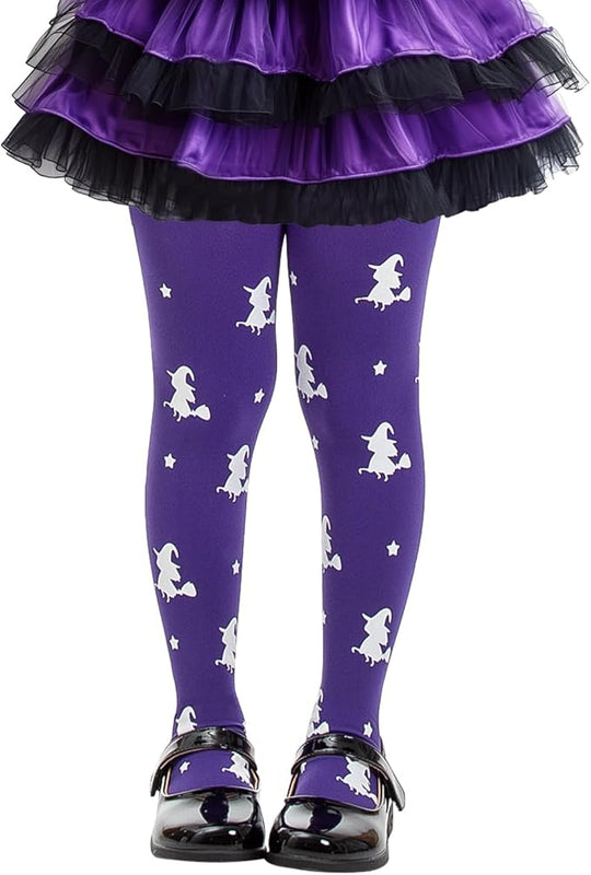 MANZI Girl's Halloween Witch Print Purple Tights for Girls Childrens Halloween Fancy Dress XL Age 8-10
