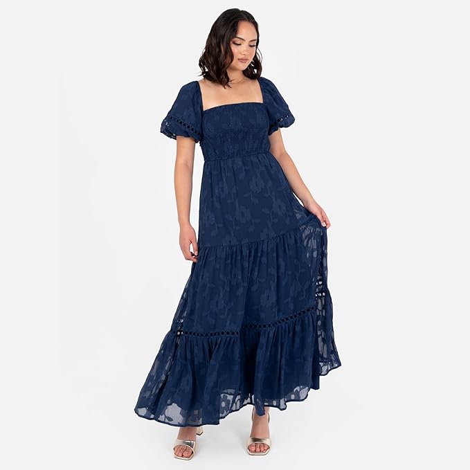 Lovedrobe Women's Maxi Dress Ladies Square Neckline Puff Sleeve Tiered Hem Floral Chiffon Shirred A-line Tie Back Milkmaid, Navy Blue 10
