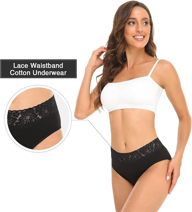 Wealurre Cotton Underwear Women Lace Waistband Full Briefs Ladies High Leg Knickers for Women Soft Stretch Panties Multipack 5 (X-Large, Black)
