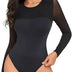 ohmydear Women's Bodysuits Long Sleeve Lace Mesh Black Bodysuit for Women Plus Size Crew Neck Leotard Top Stretch Sexy Ladies Body Suits, Black, 2XL