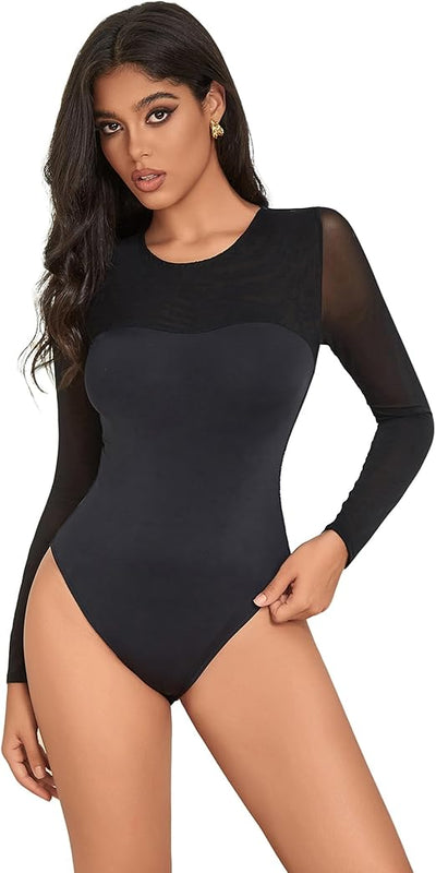 ohmydear Women's Bodysuits Long Sleeve Lace Mesh Black Bodysuit for Women Plus Size Crew Neck Leotard Top Stretch Sexy Ladies Body Suits, Black, 2XL