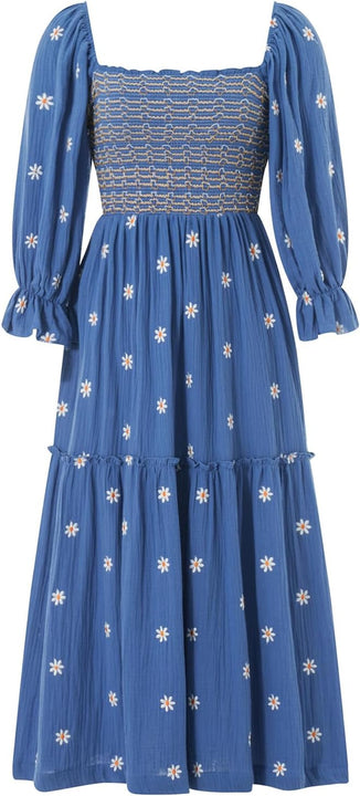 Yoisdtxc Women 's Smocked Square Neck A Line Flowy Maxi Long Dress Flower Print Half Sleeves Backless Embroidery Loose Swing Dress (Dark Blue, M)