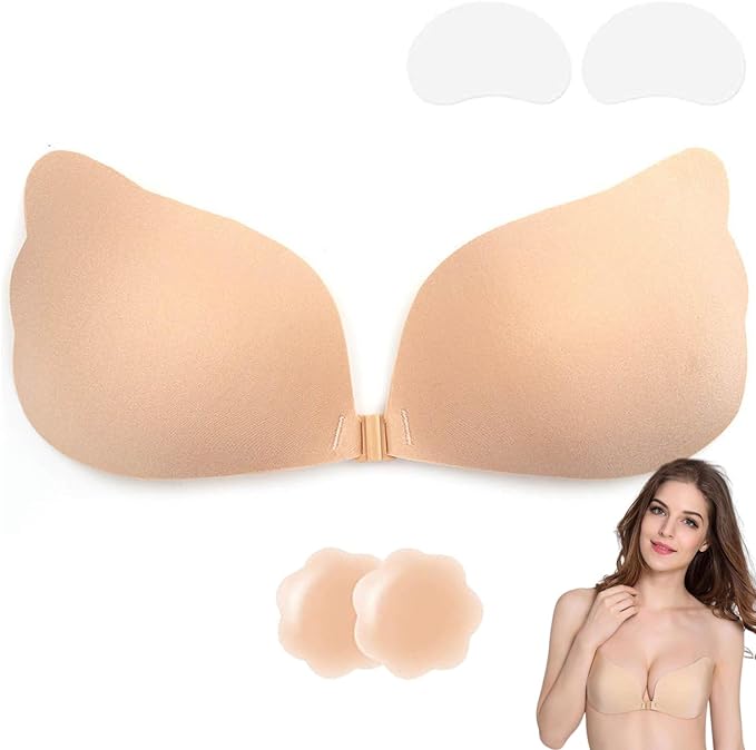 Lnmyic Push up Bra Backless Bras for Women, Stick on Bra Reusable Strapless bra, Comfortable Invisible Sticky bra and Nipple Covers for All Backless Clothes, Beige, B