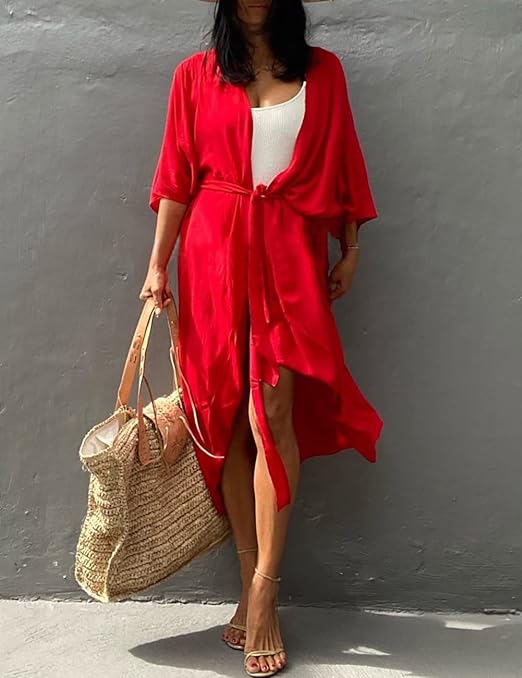 Bsubseach Women Solid Red Long Beach Swimsuit Cover Ups for Swimwear Sexy Bikini Beach Kimono Cardigan, Red, XXL