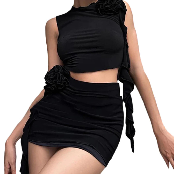 Women's Ruffle 2-Piece Skirt Set Floral Ruffle Fringe Sleeveless Tank Top + High Waist Mini Skirt Set (A-White, M)