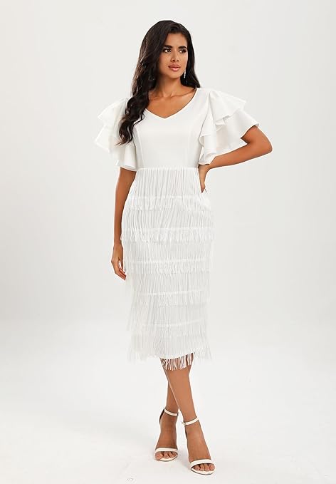 VERWIN Women's Fringe Maxi Dress High Waist V Neck Tiered Tassels Dress Ruffles Sleeve Bodycon Prom Dress M White