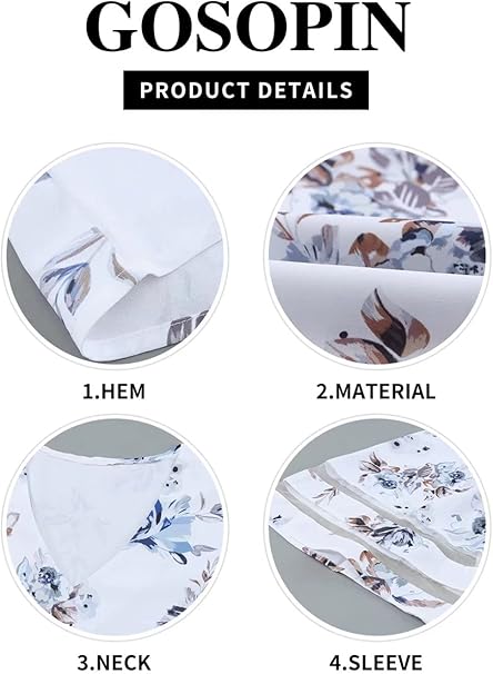 GOSOPIN Womens Floral Printed Blouses V-Neck Summer Casual 3/4 Sleeves Shirt Tops White UK 10