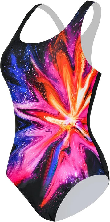 Veranobreeze Women’s Athletic Print One Piece Swimsuits Training Swimwear Racerback Competitive Bathing Suit for Women (Purple Flame, UK12)