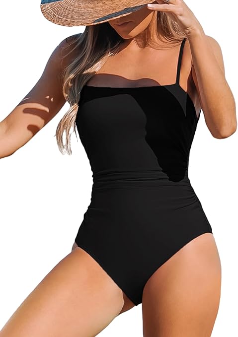 CUPSHE Women Swimsuit One Piece Square Neck Cutout Back Swimming Costume Tummy Control with Adjustable Spaghetti Straps Bathing Suit Swimwear Black M