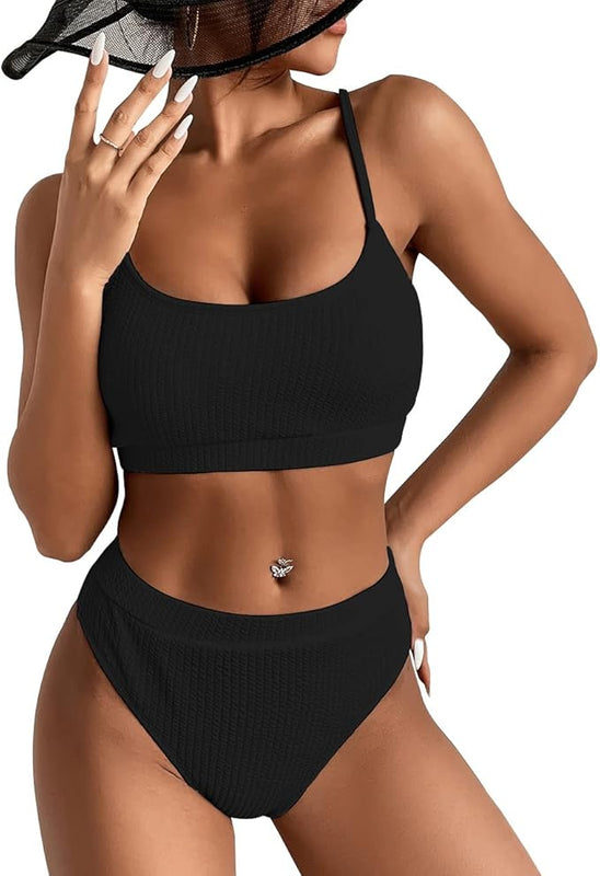 KOEMCY Women's Bikini Set High Waisted Swimsuits Trendy Sexy SwimsuitSuit Triangle Bikini Swimwear Beach Wear Bathing Suit 2 Pieces Bathing Suit Sets (Black,S)