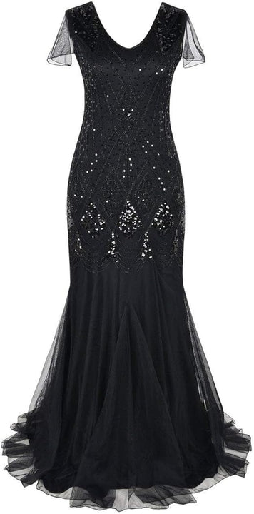 aifuu 1920s Flapper Fringed Sequin Dress Roaring 20s Fancy Dress Gatsby Costume Dress V Neck Vintage Beaded Evening Dress (All Black, L)