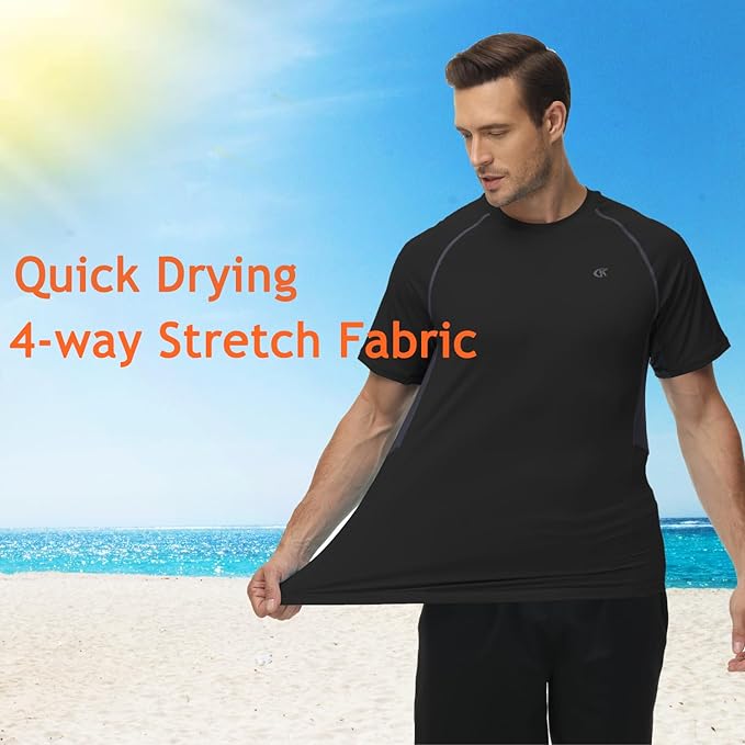Huayuzh Mens Swim Shirts Short Sleeve Rash Guards Rashguard UPF 50+ Quick Drying T-Shirts Surfing Pool Beach Sports Top Black 2XL