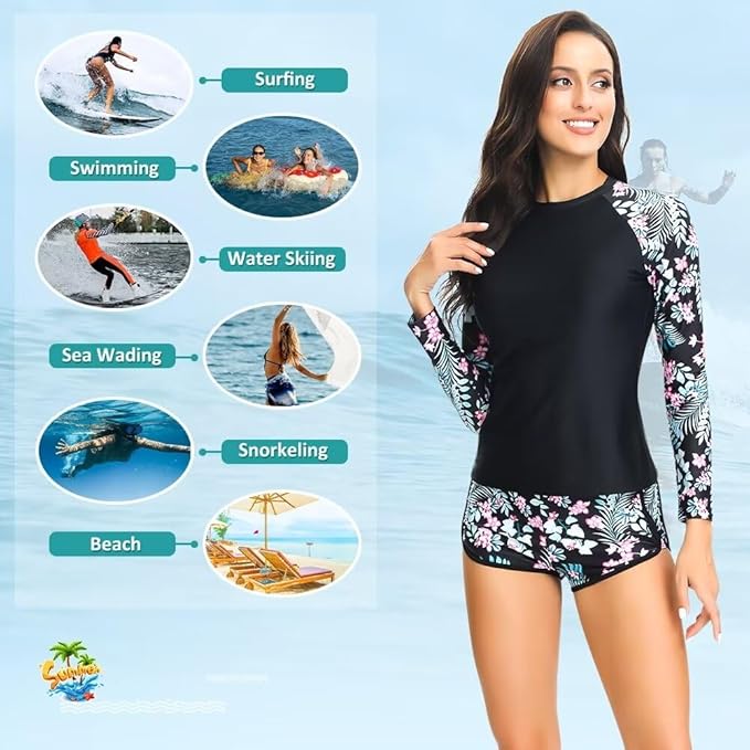 Sillictor Rash Vest Women Swimming Tops UV Womens Swim Shorts and Top Set Ladies 2 Piece Long Sleeve Swimsuits for Women Rash Guard Shirts with Build in Bra for Surfing,Quick Dry 2304 Pink Flower, M