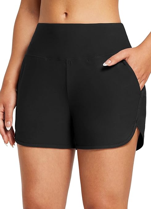 BALEAF Swim Shorts Womens Tummy Control High Waisted Swimming Board Shorts with Pockets Liner Quick Dry 3'' UPF 50+