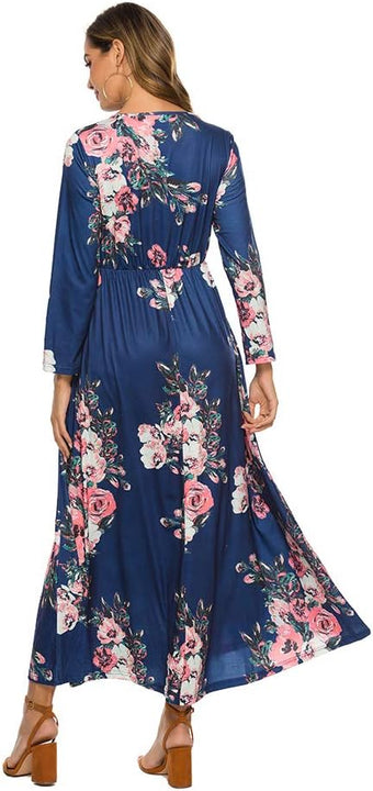 Women's Casual Floral Printed Long Maxi Dress with Pockets Long Sleeve Dresses Navy XXL