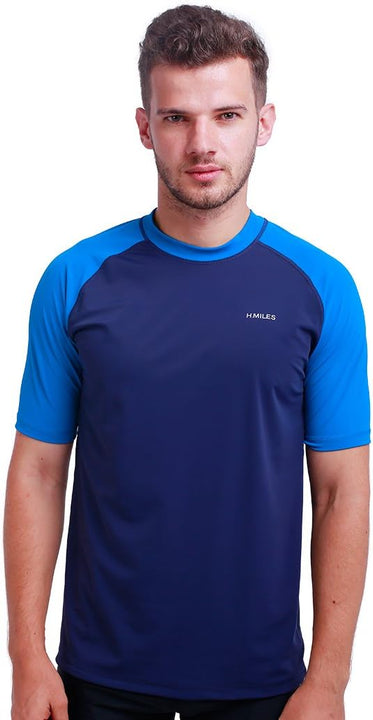 H.MILES Men's Rash Vest Short Sleeve Male Adults Rashguard Swim Base Layer Snorkeling Swimming Surfing Tops Diving Beach T-shirt DK Navy/DK Blue L