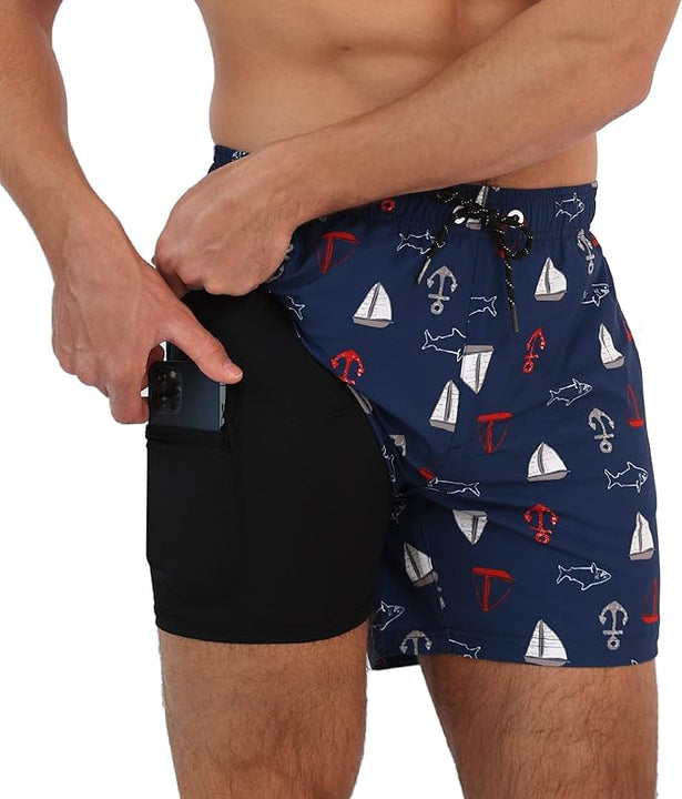 Arcweg Men's Swimming Shorts Swimming Trunks with Compression Lining Mens Swim Shorts with Zipper Pockets 2 in 1 Quick Dry Stretchy Board Shorts Beach Shorts Black Pineapple L(UK)