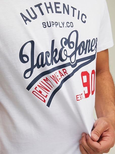 JACK & JONES Men's T-Shirt, Crew Neck, Logo Print, White, L