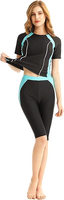 TianMaiGeLun Muslim Swimwear Swimsuit, Full Cover Modest Muslim Swimwear, Beachwear Burkini Short Sleeve Tops and Pants, 2 Piece Modest Swimwear Sets, Blue 1, XL