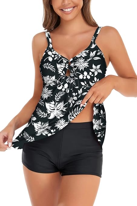 Ruuione Tankini Swimsuits for Women Floral Print Tank Top with Boyshorts Two Piece Bathing Suits(5BWflower,L)