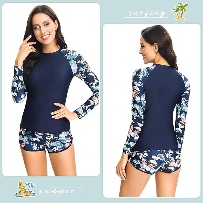 Sillictor Rash Vest Women Swimming Tops UV Womens Swim Shorts and Top Set Ladies 2 Piece Long Sleeve Swimsuits for Women Rash Guard Shirts with Build in Bra for Surfing,Quick Dry 2304