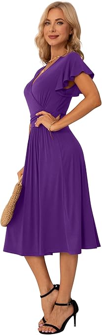 GRECERELLE Womens Summer Wrap Dress Ladies Casual Ruffle Short Sleeve V-Neck Floral Beach Dresses for Women (04 Purple, XL)