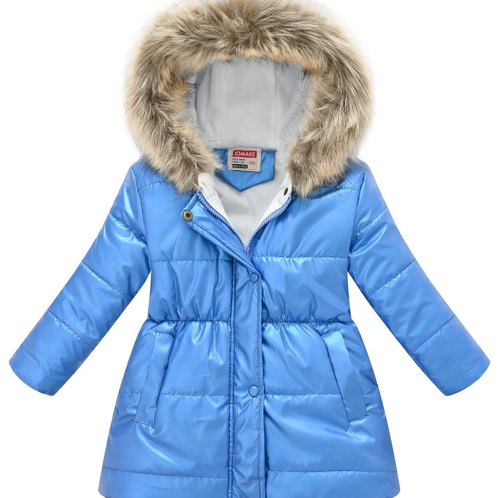 Boys & Girls Winter Jacket – Thick Glossy Hooded Mid-Length Coat