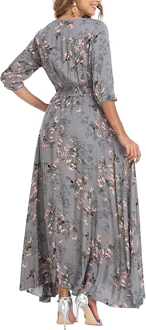 VOGMATE Womens Summer Maxi Dress Floral Boho Short Sleeve Split V Neck High Waist Drawstring Button Decoration Casual Cocktail Beach, M