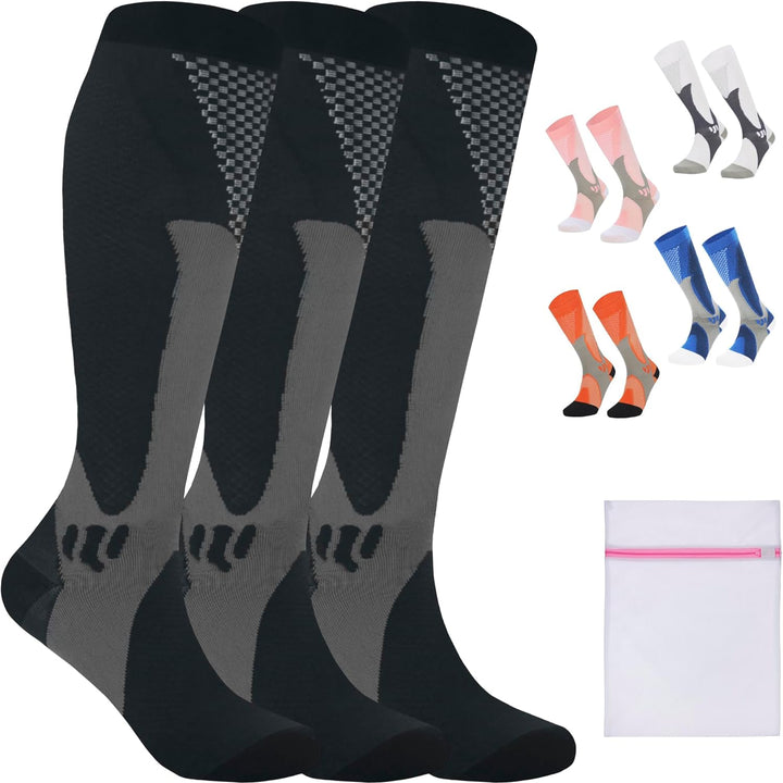 360 RELIEF 3 Pairs Copper Compression Socks - Women & Men Graduated Athletic Fit for Running, Nurses, Shin Splint, Flight Travel, Maternity, Pregnancy | S/M, Black with Mesh Laundry Bag