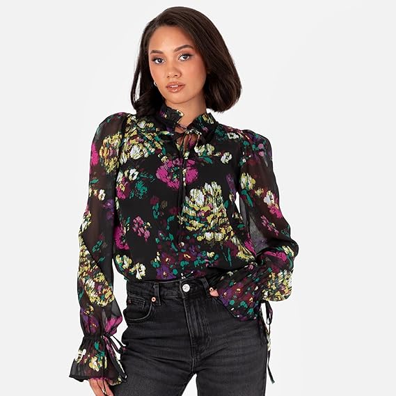 Lovedrobe Women's Tie-Neck Blouse Ladies Smart-Casual Top Long Sleeve Ruffle Cuffs Floral Print Keyhole Bow Tie Detail Office Wear, Multi, 18