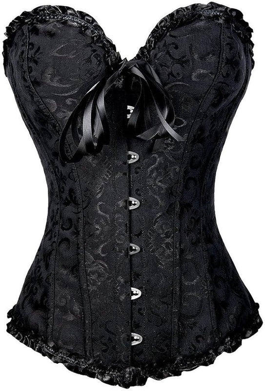 Everbellus Sweetheart Overbust Satin Lace Boned Corset Bustier Black L