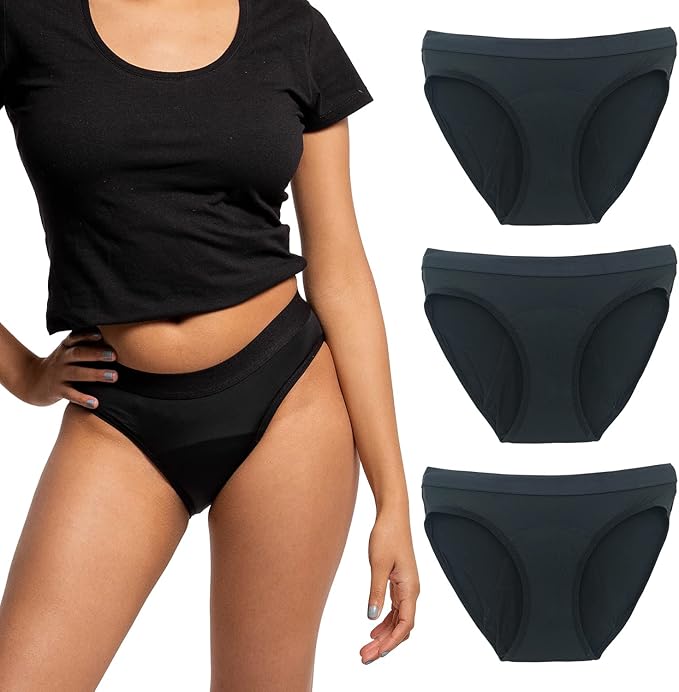 BLOSSOM PERIOD PANTIES Bikini Style 3 Pack| Ultra-Soft, Comfortable, Breathable Spandex 4 Layer Leak Proof Menstrual Underwear| Period Underwear for Teens and Women| Waterproof Layer 2XL Black