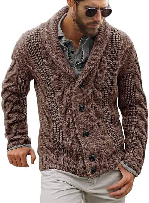 Runcati Mens Cardigan Chunky Knitted Jacket Long Sleeve Cable Knit Cardigan Casual Shawl Collar Buttoned Knitwear Overcoat Winter Outerwear, Brown, XL