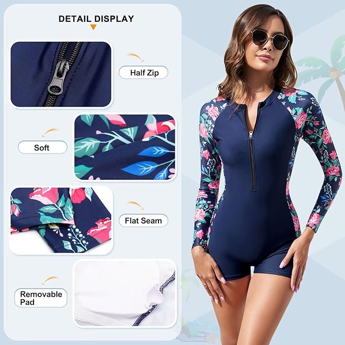 TERODACO One Piece Swimming Costume Women Removable Padded Half Zip Rash Vest Women Long Sleeve UPF50+ Ladies Swimsuits Wetsuit Rash Guard,Soft Stretchy Quick Dry 2401 Navy M