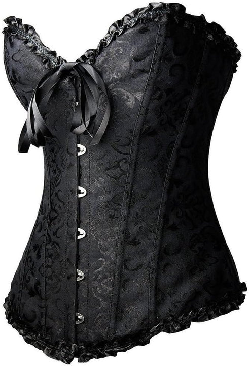 Everbellus Sweetheart Overbust Satin Lace Boned Corset Bustier Black L