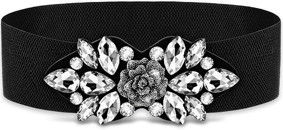 Amaxiu Elastic Rhinestone Wide Waist Belt, Stretchy Crystal Thick Belts Vintage Flower Waistband Waist Accessories for Women Dress