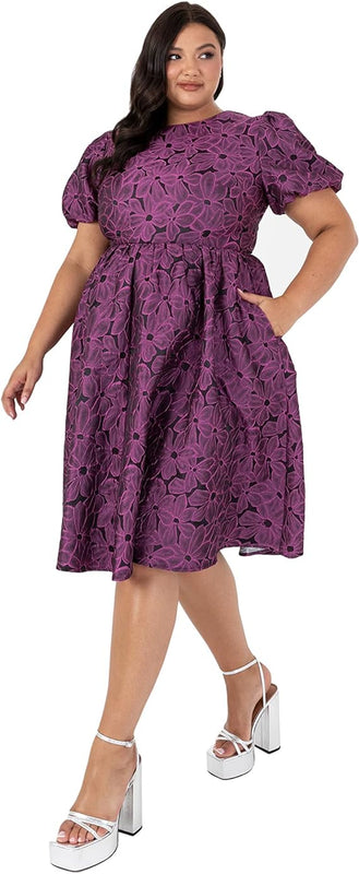 Lovedrobe Womens Ladies Plus Size Dress Curve Skater Midi Back Keyhole Short Sleeves Floral Flowers Crew Neck High Waist A-line Size 16