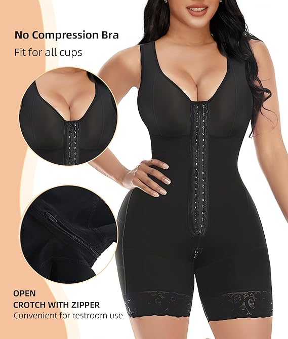 YIANNA Shapewear for Women Tummy Control Full Body Shaper Fajas Colombianas Bodysuit Butt Lifter Post Surgery Zipper Crotch Black 7275 L