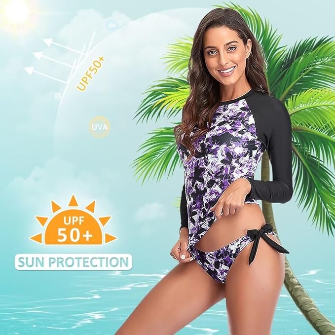 Sillictor Rash Vest Women Swimming Tops UV Womens Swim Shorts and Top Set Ladies 2 Piece Long Sleeve Swimsuits for Women Rash Guard Shirts with Build in Bra for Surfing,Quick Dry 172 Purple M