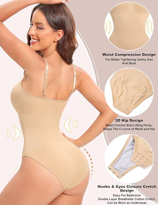 Niwicee Shapewear Bodysuit for Women Tummy Control Body Shaper Seamless Sculpting Bodysuit Adjustable Straps V-Neck Leotard Shapewear Sleeveless Jumpsuit Tops Skims Bodysuit(Skin,L)