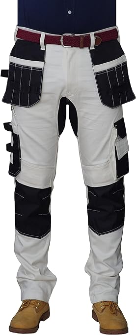 HASHOOB Mens Work Trousers Painters Decorators White Cargo Combat Pants (2WHITE6, 32W X 34L)